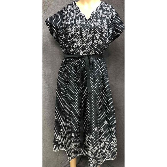Womens Black White Polka Dot Pattern scallop Neck Midi floral Dress Size 2X - Picture 1 of 6